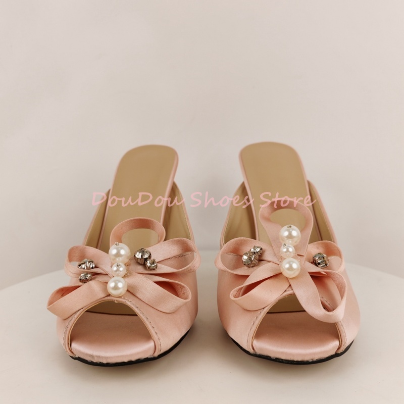핑크 새틴 리본 진주 라인스톤 장식 뮬 슬리퍼 여성용  - Slip Dress Satin 리뷰 및 가격